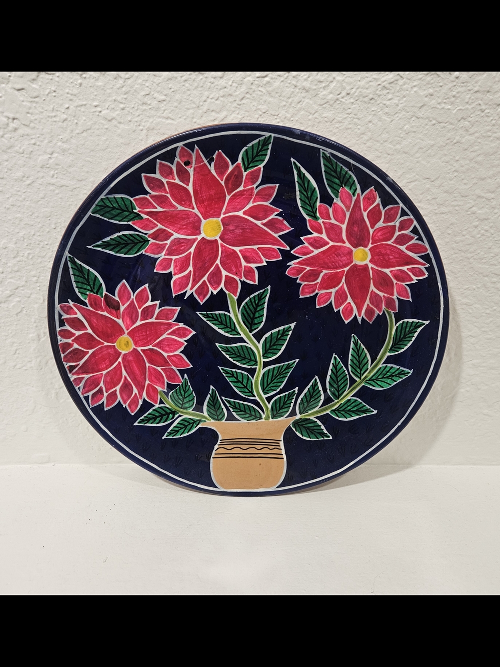 Decorative Pottery Plate Vibrant Handpainted Pink Floral In Pot 10.25 Inches